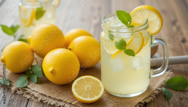 Fototapeta lemonade with lemon, Drink for hot summer days. Fresh lime and lemon lemonade, dark green with bokeh background
