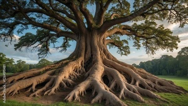Fototapeta Majestic ancient tree with expansive roots and lush green surroundings during daylight against a clear sky Copy Space