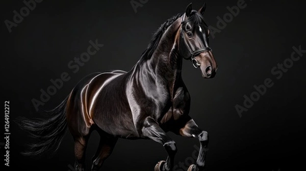 Fototapeta Majestic Black Horse in Dynamic Pose Against Dark Background for Equine Photography Enthusiasts