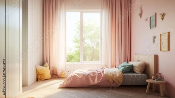 Fototapeta Simple yet stylish children's room with a pastel bed, soft textiles, and an open, sunlit window