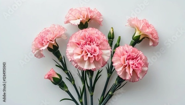Fototapeta Pink carnations arranged artistically on a light background with green stems and leaves, Copy Space