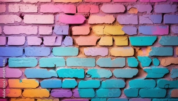 Obraz Colorful graffiti wall paint with pink purple blue and teal bricks abstract background with texture and detail Copy Space