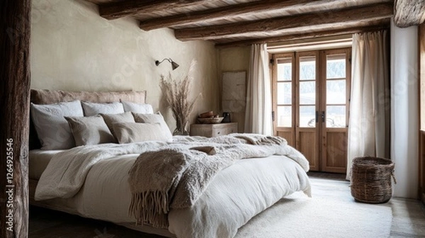 Fototapeta Warm and cozy bedroom with a rustic wooden bed frame, pastel bedding, and an inviting ambiance