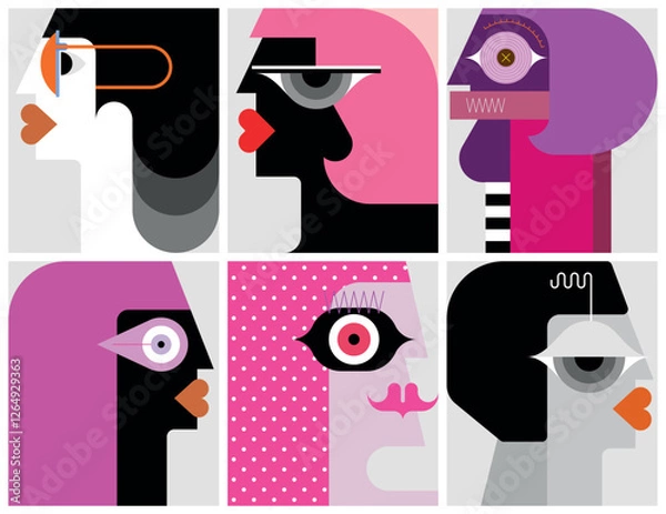 Obraz Six modern art portraits of different adults, vector illustration.