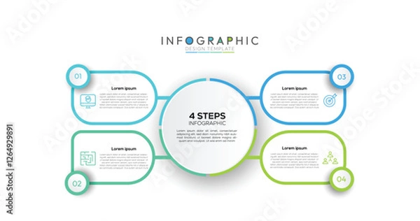 Fototapeta 4 Steps Connected Rounded Square Infographic thin lines connect each rounded square to the central circle, visually linking the steps and emphasizing their relationship to the core element.