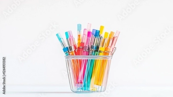 Fototapeta Set of assorted colorful disposable electronic cigarettes in heaps in supermarket grocery shopping basket isolated on white background. Copy space.