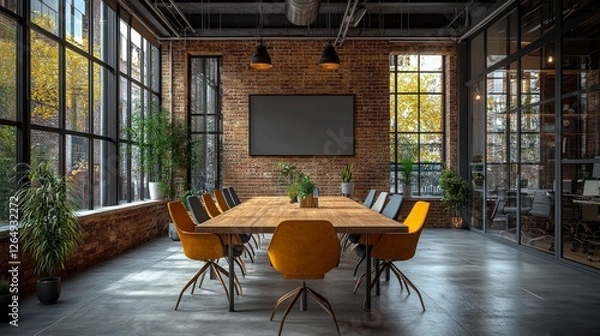 Fototapeta A charming conference room characterized by its vintage brick walls, stylish furnishings, and natural light, creating an inviting atmosphere for productive meetings.