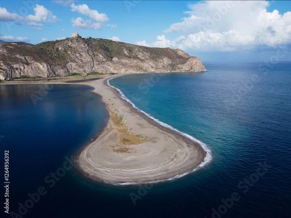 Fototapeta Aerial drone view of Laghetti di Marinello, natural reserve in Sicily, Italy. Sand strip with crystal clear turquoise lagoons, lush Mediterranean vegetation, below a cliff and Tindari Sanctuary.
