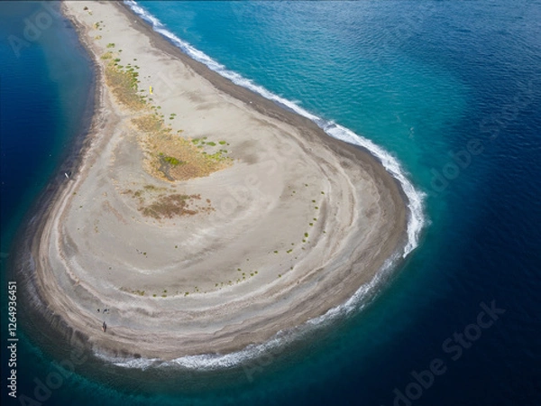 Fototapeta Aerial drone view of Laghetti di Marinello, natural reserve in Sicily, Italy. Sand strip with crystal clear turquoise lagoons, lush Mediterranean vegetation, below a cliff and Tindari Sanctuary.