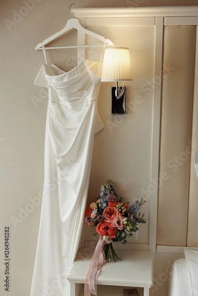 Obraz An elegant wedding dress was hanging up and a bouquet of multicolored flowers was next to it on the bedside table