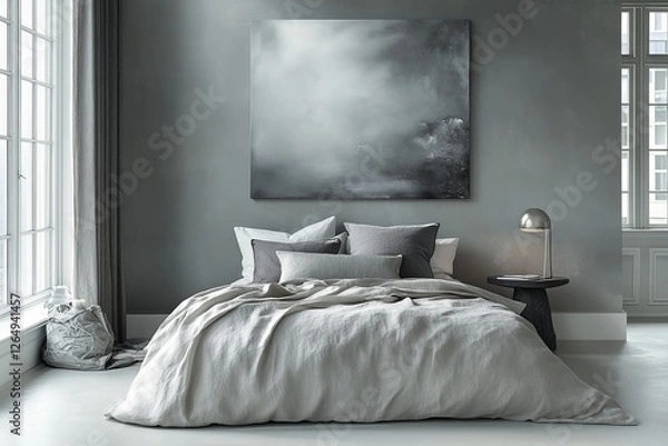 Obraz Elegant contemporary bedroom design featuring gray tones and minimalist decor in a cozy atmosphere