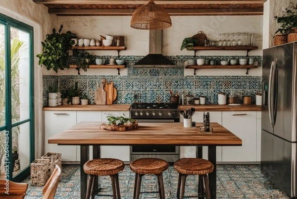 Fototapeta Beautiful modern kitchen with rustic elements showcasing a wooden dining table and vibrant tile work in a cozy space