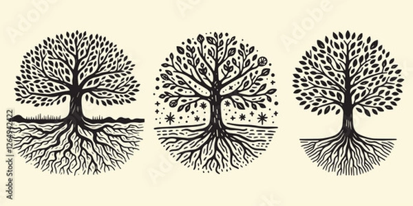 Fototapeta simple Hand drawn tree with roots flat vector illustration linocut