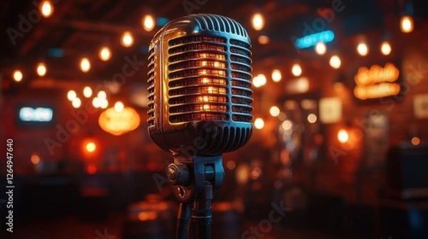 Fototapeta Vintage Microphone in a Cozy Bar Setting