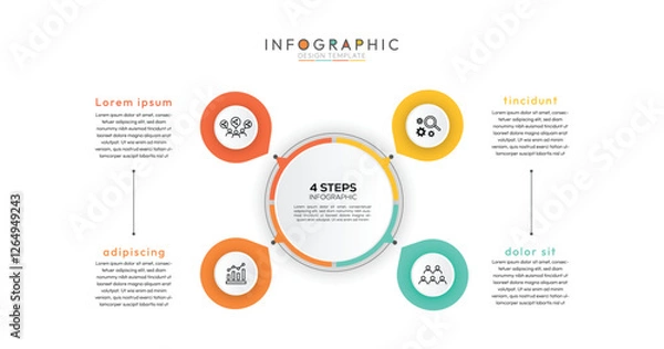 Fototapeta 4 Steps Connected Circles Infographic, four steps are represented by complete circles, providing a soft and approachable aesthetic. This shape suggests a continuous flow or a holistic process.
