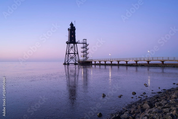 Obraz Lighthouse Obereversand at low tide with reflection.