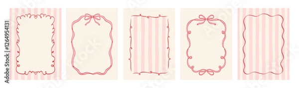 Fototapeta Set of vintage hand drawn frames with whimsical lines, bows, ribbons in coquette style. Vector elegant minimalist line art borders. Template for poster, banner, wedding invitation, birthday card.