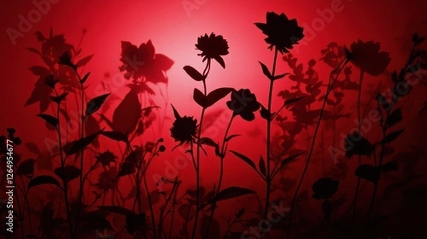 Fototapeta silhouette of shadows of poisonous flowers on a dark red background