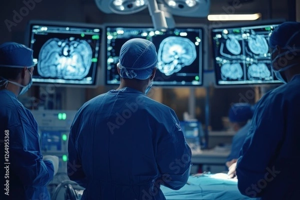Fototapeta An operating room full of modern equipment for neurosurgery. A surgeon briefs his team before the operation. 