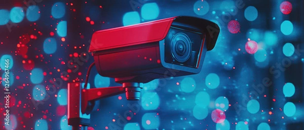 Fototapeta A vibrant security camera with a red casing is mounted against a colorful, blurred background of blue and red lights, emphasizing its modern design.