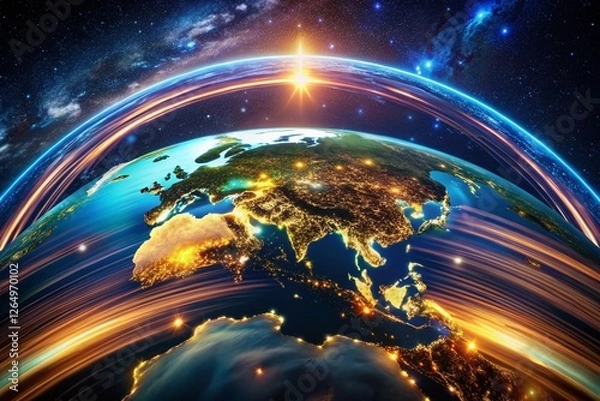 Fototapeta Long Exposure Rotating 3D Earth Model - Global Perspective at Night