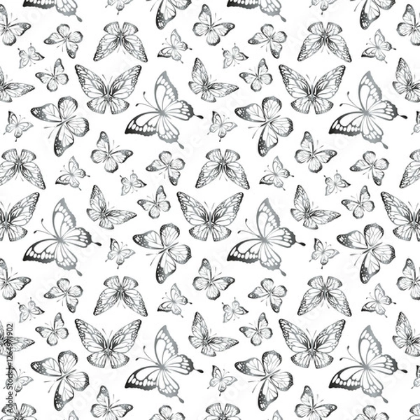 Fototapeta Silver butterflies on a white background.Vector seamless pattern with silver butterflies on a white background.