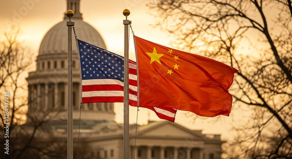 Obraz close-up An American flag and a Chinese flag fly side by side outdoors on a cloudy day. The background shows a classic-style building with a slightly blurred white dome, surrounded by leafless tree 
