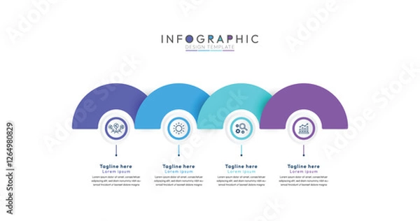 Fototapeta 4 semi circular elements infographic, clean and modern infographic template featuring four distinct sections each marked by a vividly colored semicircle at the top 4 steps sequence design for web page