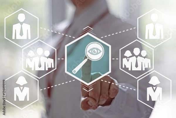 Fototapeta Business, finance, technology and internet concept - businesswoman presses button magnifier with eye on virtual screen. Loupe with eye on touch screen. Search staff, employee in business. 