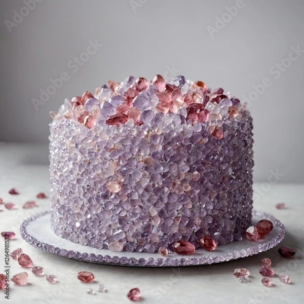 Obraz A delicate lilac crystal cake with soft pink and purple edible gems, placed gracefully on a pure white background.