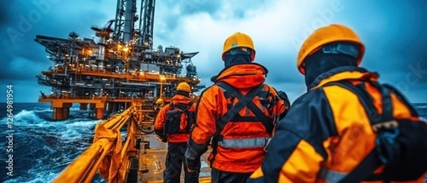 Fototapeta Workers in Safety Gear on Drilling Platform Under Cloudy Sky