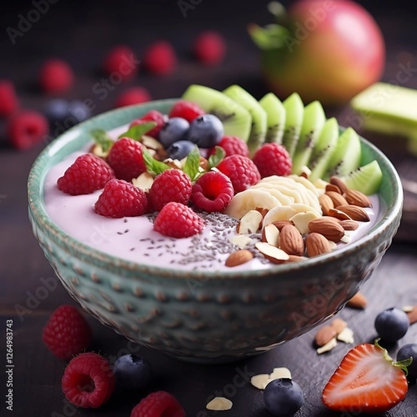 Fototapeta A healthy smoothie bowl with fresh fruits, nuts, and yogurt. world health day