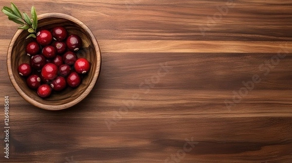 Fototapeta Fresh Red Cranberries in a Wooden Bowl on a Rustic Wooden Surface Ideal for Healthy Recipes