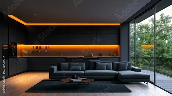Fototapeta The image features a modern living room with large windows and an adjacent kitchen.