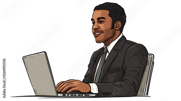 Fototapeta An illustration of a smiling young businessman in a suit working on a laptop computer at a desk.