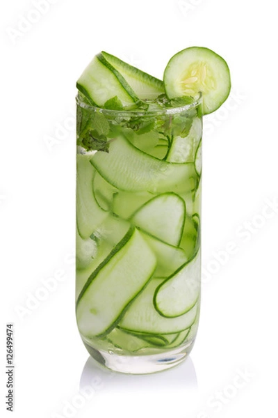 Obraz Detox cucumber and mint diet drink on white background.