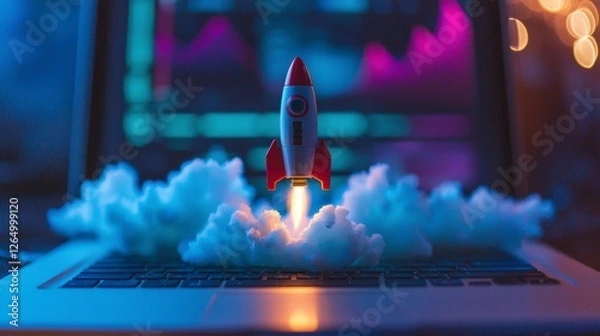 Fototapeta A colorful rocket emerges from a laptop, surrounded by abstract clouds, illustrating the fusion of digital technology and vivid imagination, capturing the essence of innovative aspirations.