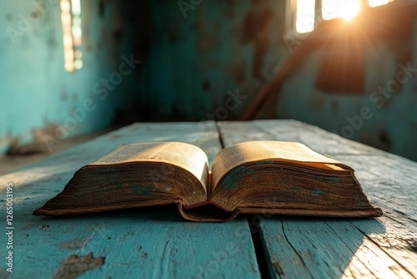 Fototapeta A soft focus captures the open holy Bible at the window with its heart pages in the background
