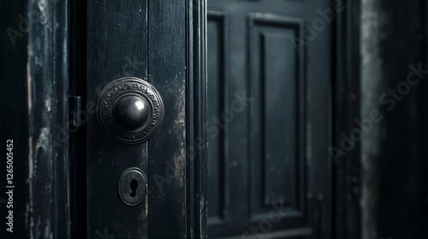 Fototapeta A close-up view of an antique door with a keyhole and doorknob, featuring peeling paint and weathered wood.