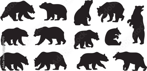 Fototapeta A set of twelve black bear silhouettes in different stances and positions.