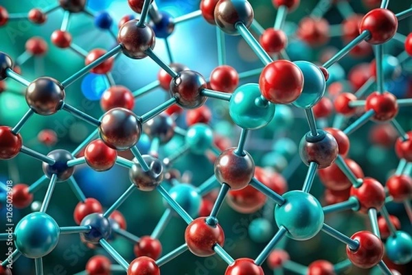 Fototapeta Microscopic 3D Molecular Structure: Vibrant Red & Teal Atoms, Abstract Scientific Visualization