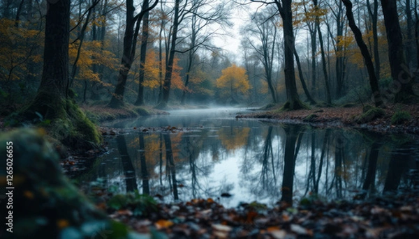Fototapeta Misty Autumn Reflections in a Tranquil Forest