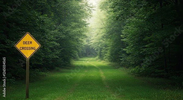 Fototapeta Deer Crossing Warning Sign Along Forest Path with Natural Light