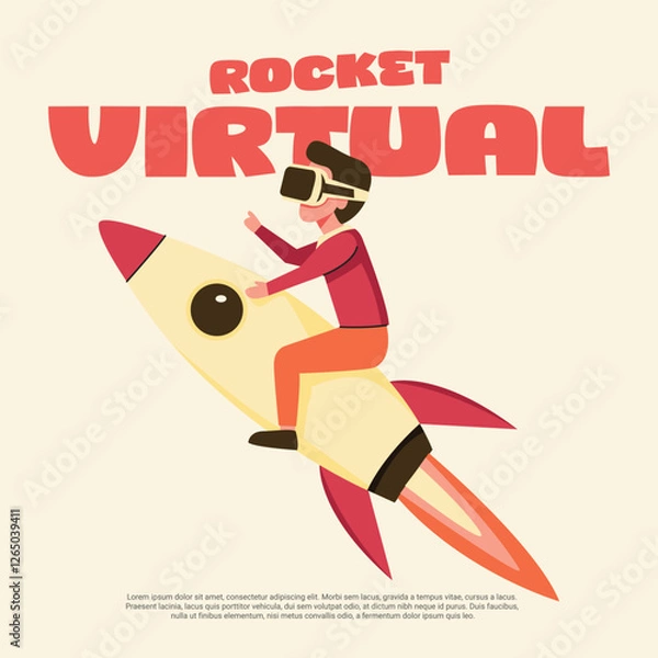Obraz flat design illustration poster, man riding a rocket in virtual reality