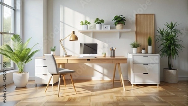 Fototapeta Minimalist Modern Office Desk with Drawers - Clean Workspace Stock Photo