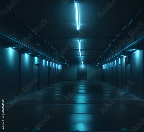 Fototapeta Empty background scene. Dark street, reflection of blue and pink neon light on wet asphalt. Neon shapes. Rays of light in the dark, smoke. Abstract dark background.generative ai