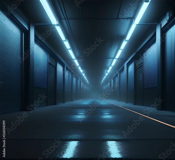 Fototapeta Empty background scene. Dark street, reflection of blue and pink neon light on wet asphalt. Neon shapes. Rays of light in the dark, smoke. Abstract dark background.generative ai