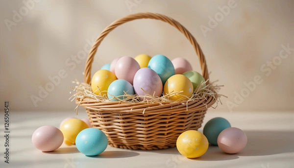 Fototapeta Hand painted Easter eggs in
a woven wicker basket