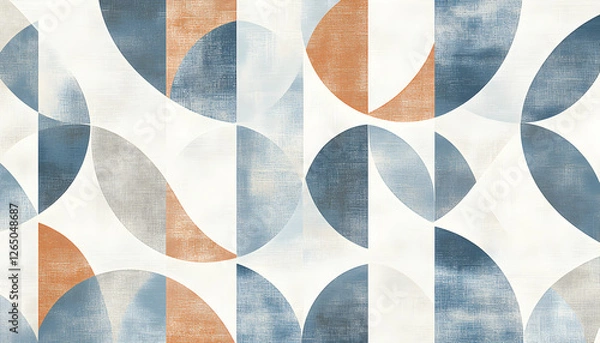 Fototapeta Abstract geometric pattern with muted blue, orange, and gray semi-circles on a textured off-white background. Ideal for textile design, wallpaper, or modern art prints.