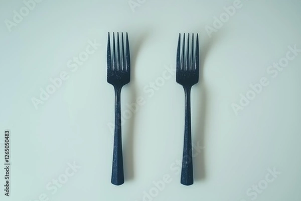 Fototapeta Minimalist still life of two dark forks aligned on soft light blue surface symmetry and contemporary aesthetic